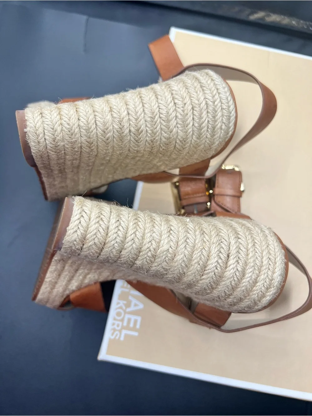 Michael Kors Cognac Leather Espadrille Wedge Sandals